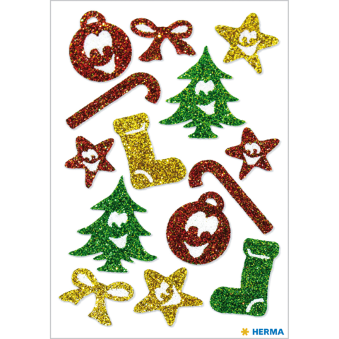 Glitzernde Weihnachtsdekorationen in verschiedenen Formen: Weihnachtsbäume, Sterne, Geschenkbänder, Stiefel und Zuckerstangen in Rot, Grün und Gold.