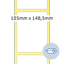 Gelbes Layout mit den Maßen 105 mm x 148,5 mm, umgeben von einem dünnen Rahmen und einem Symbol für einen Drucker.