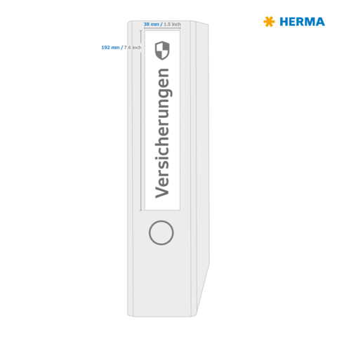 Ordner mit der Aufschrift "Versicherungen", Maße: 38 mm Breite und 192 mm Höhe, mit einem Symbol auf der Vorderseite.