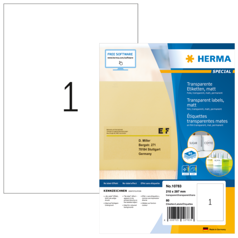Transparente Etiketten von Herma, Größe 210 x 297 mm, mit Informationen zu Software und Anwendungshinweisen auf der Rückseite.
