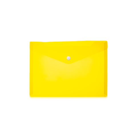 Gelbe Kunststoffmappe mit Druckknopfverschluss, geeignet zur Aufbewahrung von Dokumenten oder Unterlagen.