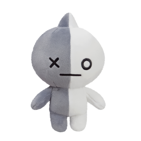 Kuscheltier mit halb grauem und halb weißem Körper, einem neutralen Gesicht und einem kleinen, spitzen Kopf.