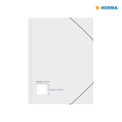Transparente Ordnerhülle mit zwei Gummibändern, Maße 40 mm x 40 mm, geeignet für Dokumente im Format 1,6 Zoll. Marke: HERMA.