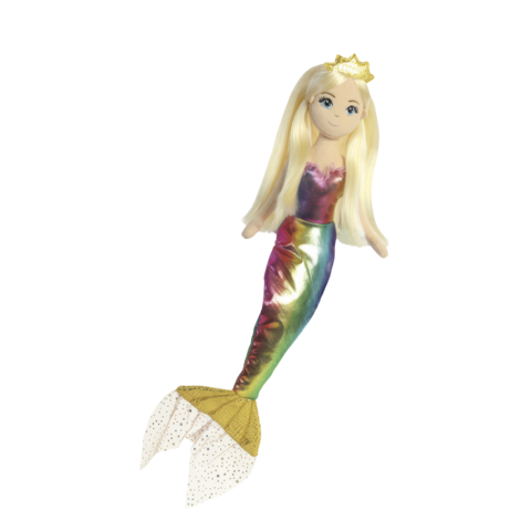Eine Meerjungfrau-Puppe mit blonden Haaren, einer bunten Schwanzflosse und einer goldenen Krone.