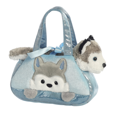 Blaues Spielzeughandtäschchen mit einem niedlichen Wolfsmotiv und einem Plüsch-Wolfkopf, der aus der Tasche schaut.