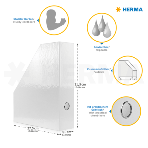 Stabiler Kartonordner mit abwischbarer Oberfläche, faltbar und mit praktischem Griffloch. Maße: 31,5 cm hoch, 27,5 cm tief, 8 cm breit.