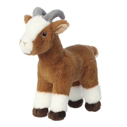 Plüschziege mit braunem Körper, weißen Beinen und grauen Hörnern. Sie hat ein freundliches Gesicht und steht aufrecht.