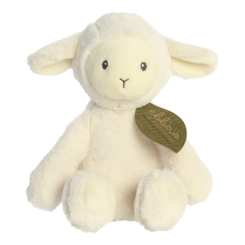 Weiches, plüschiges Schaf mit großen Augen und einem kleinen Lächeln, das an einem grünen Etikett hängt.