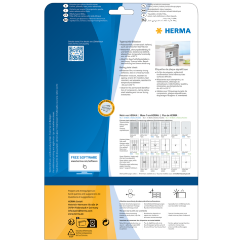 Rückseite einer Verpackung mit Informationen zu HERMA-Produkten, einschließlich QR-Code und Hinweisen zur kostenlosen Software.