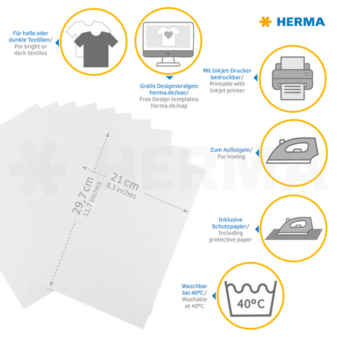 Transferpapier für Textilien, geeignet für den Druck mit einem Inkjet-Drucker. Enthält Schutzpapier, ist waschbar bis 40°C und eignet sich für helle sowie dunkle Stoffe.
