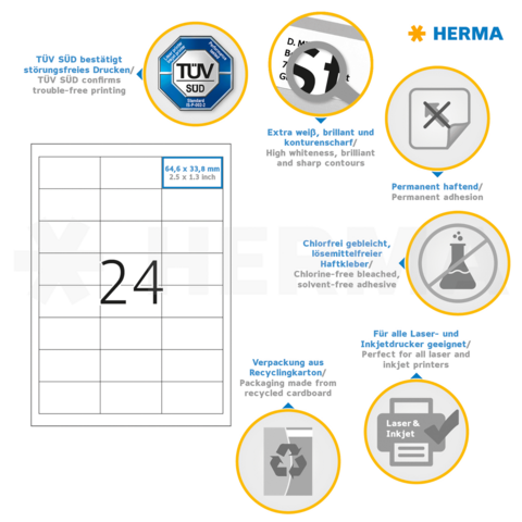 Etiketten mit der Größe 64 x 33 mm, permanent haftend, geeignet für Laser- und Inkjetdrucker, umweltfreundliche Verpackung.