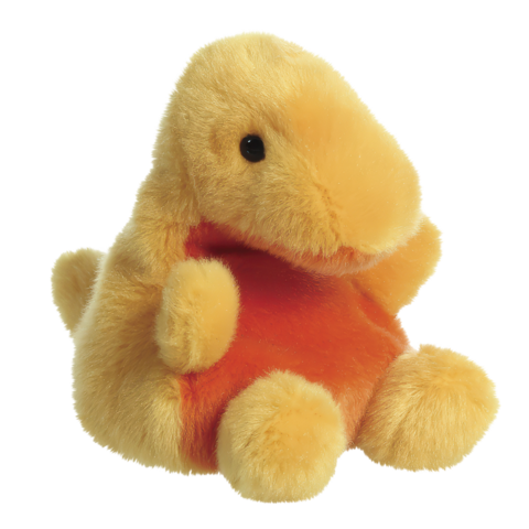 Gelbes Plüschdinosaurier mit orangefarbenem Bauch, sitzt aufrecht und hat große, runde Augen.