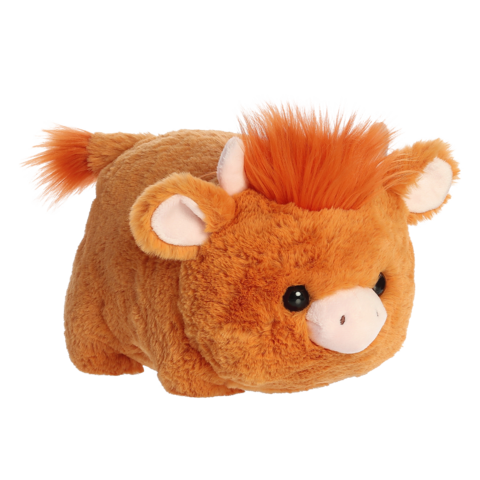 Kuscheltier in Form eines kleinen, orangefarbenen Hochlandrinds mit einer süßen Schnauze und einem flauschigen Schwanz.