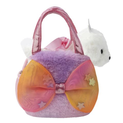 Eine plüschige Handtasche in Lila mit einer großen, bunten Schleife und kleinen Sternen, daneben ein weißes, kuscheliges Tier.