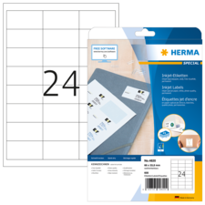 Etikettenblatt mit 24 Feldern, verpackt in einer Herma-Hülle. Hinweis auf kostenlose Software zur Etikettenerstellung.