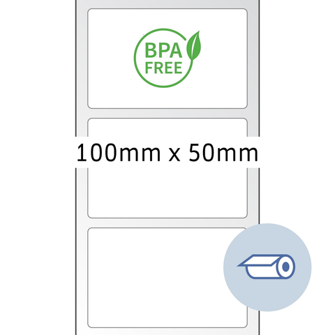 BPA-freies Etikett mit den Maßen 100mm x 50mm, grünem Logo und einem Symbol für eine Rolle.