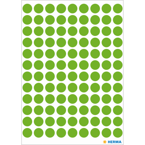 Grüne runde Aufkleber auf weißem Hintergrund, gleichmäßig in einem Raster angeordnet.