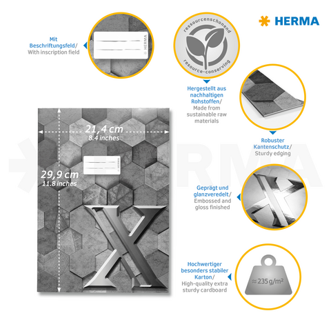 Hochwertiger, stabiler Karton mit einem hexagonalen Design, einem beschriftbaren Feld und einem geprägten, glänzenden Finish. Maße: 21,4 x 29,9 cm.
