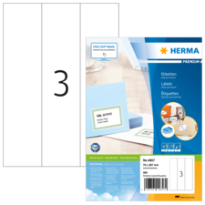 Etikettenpackung von HERMA mit der Nummer 4657, enthält 300 permanente Etiketten in der Größe 70 x 257 mm.