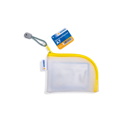 Transparente Tasche mit gelbem Reißverschluss und Karabiner, beschriftet mit "Universitätsbuchhandlung A7".