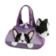 Lila Handtasche mit einem Hundedesign, das einen französischen Bulldoggenkopf und Ohren zeigt. Die Tasche hat zwei Tragegriffe und eine Schleife.