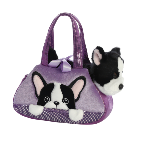 Lila Handtasche mit einem Hundedesign, das einen französischen Bulldoggenkopf und Ohren zeigt. Die Tasche hat zwei Tragegriffe und eine Schleife.