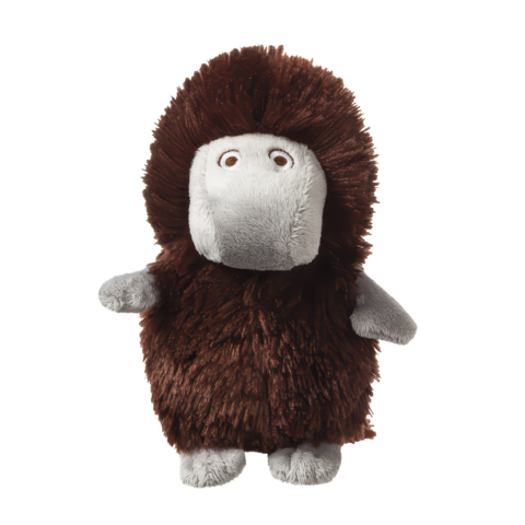 Plüschfigur eines niedlichen, braunen Wesens mit grauem Gesicht und Armen, das freundlich aussieht und aufrecht steht.