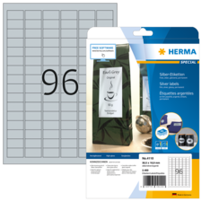 Silberne Etiketten von Herma, Packung mit 2400 Etiketten, geeignet für verschiedene Anwendungen, inklusive Softwarehinweis.