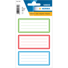 Drei Etiketten in verschiedenen Farben (grün, rot, blau) auf einer Verpackung, mit Platz für Beschriftungen. 18 Stück, 35x76 mm.
