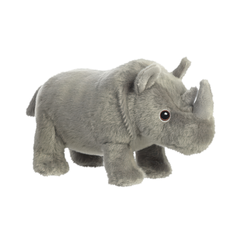 Grauem Plüsch-Nashorn mit großen Augen und einem charakteristischen Horn, das aufrecht steht.