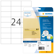 Transparente Etiketten von Herma, 70 x 37 mm, Packung mit 600 Stück, inklusive Software-Hinweis und Beispieladresse.
