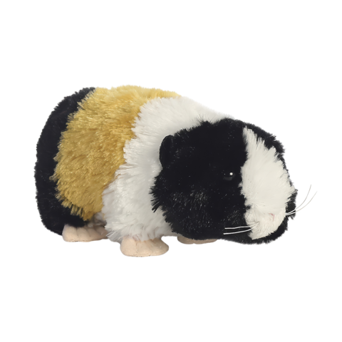 Plüsch-Meerschweinchen mit schwarz-weißer und goldbrauner Fellzeichnung, in seitlicher Ansicht.