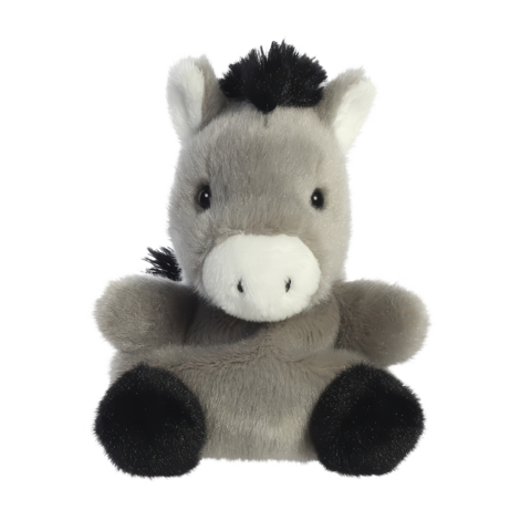 Plüschpferd mit grauem Körper, schwarzer Mähne und schwarzen Pfoten, freundlich aussehendes Spielzeug.
