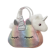 Ein buntes Einhorn-Handtäschchen mit einem weißen Einhornkopf, das aus der Tasche schaut. Die Tasche hat geschlossene Augen und glitzernde Details.