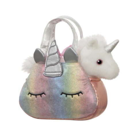 Ein buntes Einhorn-Handtäschchen mit einem weißen Einhornkopf, das aus der Tasche schaut. Die Tasche hat geschlossene Augen und glitzernde Details.