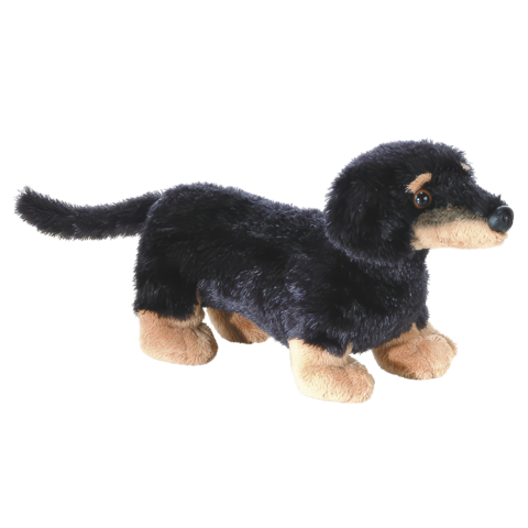 Plüschhund in Form eines Dackels mit schwarzem und braunem Fell, stehend auf vier Pfoten.