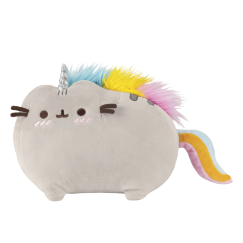 Kuscheltier in Form einer Katze mit einem Einhornhorn und buntem, flauschigem Schwanz.