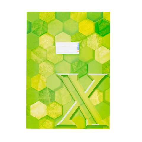Grünes Notizbuch mit hexagonalem Muster und der Aufschrift "X" auf der Vorderseite. Ein Adressfeld ist ebenfalls vorhanden.