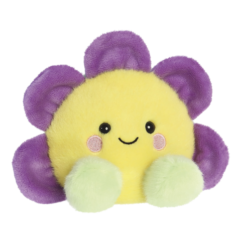 Ein gelbes, lächelndes Plüschspielzeug in Blumenform mit lila Blütenblättern und grünen Blättern.