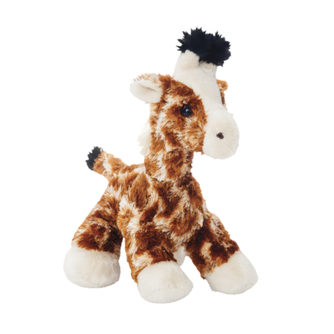 Plüschgiraffe mit braunem Fell und weißen Flecken, sitzt aufrecht mit einem schwarzen Haarschopf.