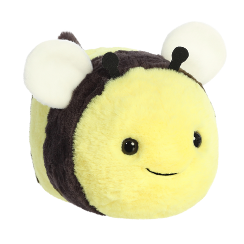 Kuschelige, gelbe Biene mit runden Formen und einem freundlichen Gesicht, ausgestattet mit kleinen, weißen Flügeln und Antennen.