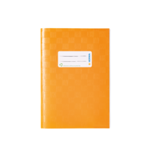 Ein orangefarbenes Notizbuch mit einem weißen Etikett auf der Vorderseite, das Platz für Beschriftungen bietet.