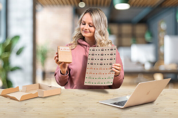Eine Frau sitzt an einem Tisch und hält in der einen Hand ein Getränk und in der anderen ein Blatt mit Mustern.