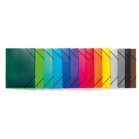 Eine Reihe von farbigen Ordnern in verschiedenen Farben, angeordnet von grün über blau, rot bis braun, mit einem einheitlichen Design.