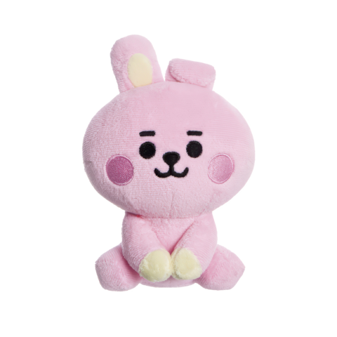 Ein rosa Plüschhase mit großen Augen und einem lächelnden Gesicht, sitzt aufrecht mit abgerundeten Ohren und Pfoten.