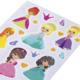 Bunte Aufkleber mit verschiedenen Prinzessinnen in glitzernden Kleidern, umgeben von Herzen, Kronen und Sternen.