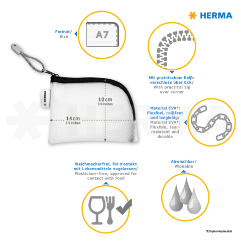 Kleine, weiße Tasche mit Reißverschluss, Größe A7, aus flexiblem, langlebigem EVA-Material, abwaschbar und lebensmittelecht.