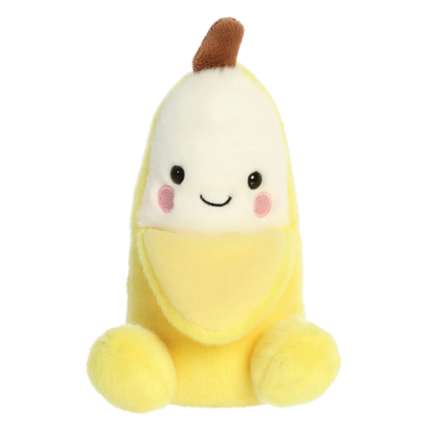 Kuscheltier in Form einer Banane mit einem lächelnden Gesicht, gelb und mit einem braunen Stiel.
