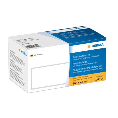 Frankieretiketten in einer Verpackung, Maße 165 x 41 mm, von der Marke HERMA, geeignet für den Versand.