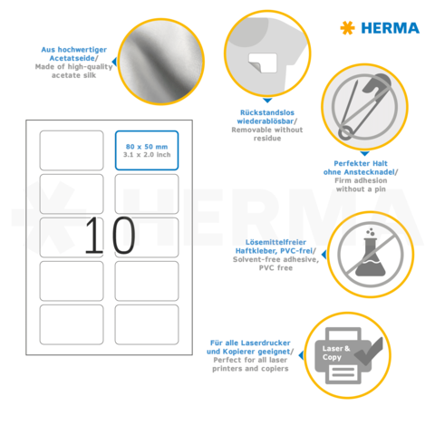 Etiketten in verschiedenen Größen mit Informationen zu Material, Haftung und Verwendung für Laserdrucker. Größe: 80 x 50 mm.
